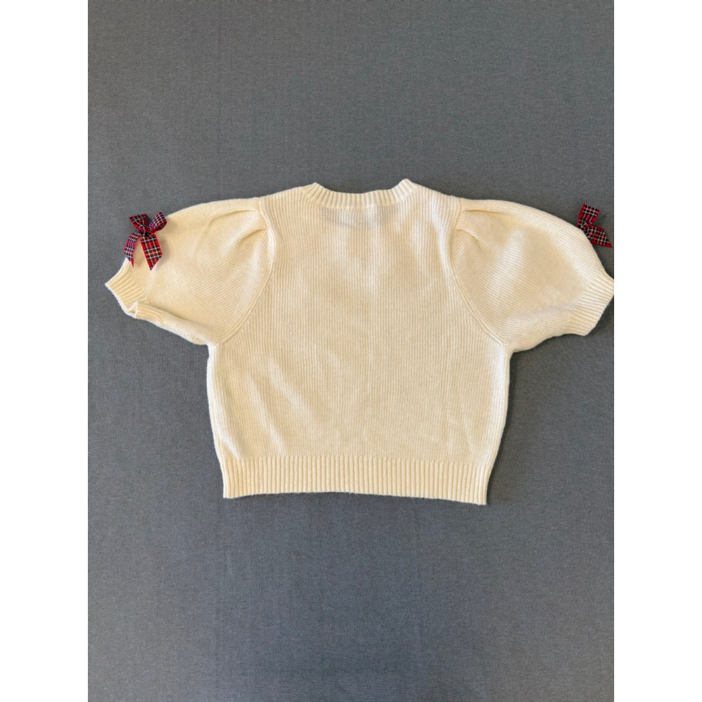 Talulah ivory short-sleeve knit sweater with multiple plaid bows puff slv SZ M - Picture 3 of 7
